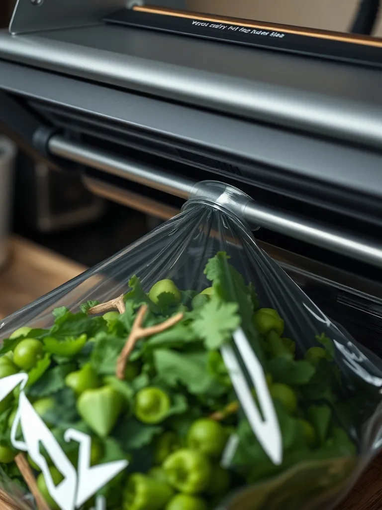 Close up of a professional vacuum sealer sealing a bag of fr